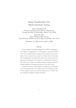 Single Transferable Vote Resists Strategic Voting