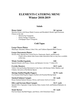 ELEMENTS CATERING MENU Winter 2018-2019