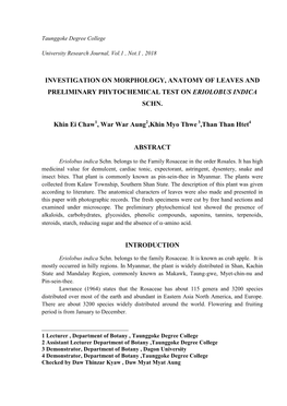 Investigation on Morphology, Anatomy of Leaves and Preliminary Phytochemical Test on Eriolobus Indica Schn