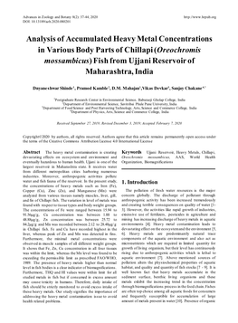 Analysis of Accumulated Heavy Metal Concentrations in Various Body Parts of Chillapi (Oreochromis Mossambicus) Fish from Ujjani Reservoir of Maharashtra, India