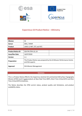 Sentinel-3 Product Notice