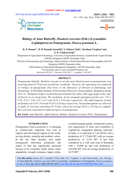 Biology of Anar Butterfly, Deudorix Isocrates (Fab.) (Lycaenidae: Lepidoptera) on Pomegranate, Punica Granatum L