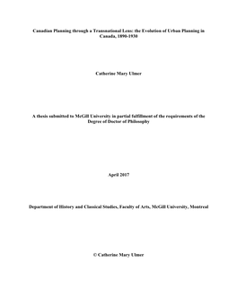 Canadian Planning Through a Transnational Lens: the Evolution of Urban Planning in Canada, 1890-1930