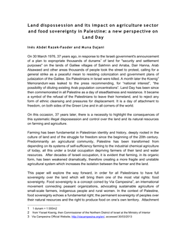 Land Dispossession and Its Impact on Agriculture Sector and Food Sovereignty in Palestine: a New Perspective on Land Day