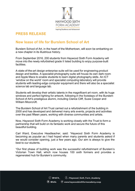 PRESS RELEASE New Lease of Life for Burslem School Of