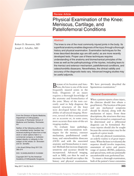 Physical Examination of the Knee: Meniscus, Cartilage, and Patellofemoral Conditions