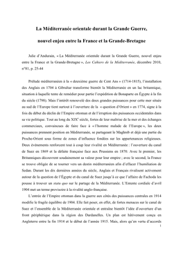 La Méditerranée Orientale Durant La Grande Guerre, Nouvel Enjeu Entre La France Et La Grande-Bretagne », Les Cahiers De La Méditerranée, Décembre 2010, N°81, P