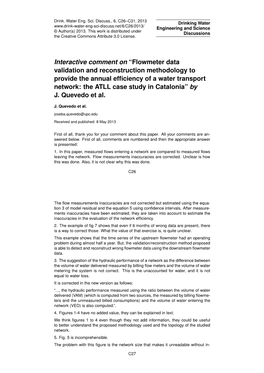 Flowmeter Data Validation and Reconstruction Methodology to Provide the Annual Efﬁciency of a Water Transport Network: the ATLL Case Study in Catalonia” by J