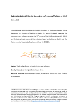 Submission to the UN Special Rapporteur on Freedom of Religion Or Belief