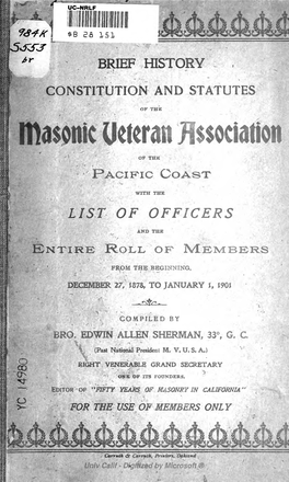 Brief History, Constitution and Statutes of the Masonic Pacific Coast