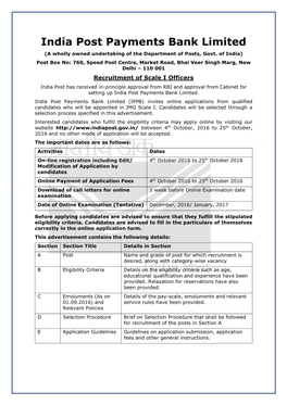 India Post Payments Bank Limited (IPPB) Invites Online Applications from Qualified Candidates Who Will Be Appointed in JMG Scale I