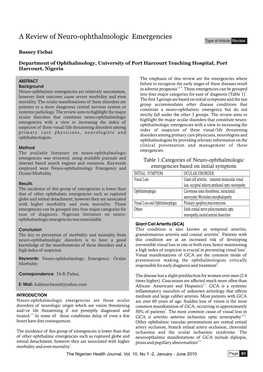 A Review of Neuro-Ophthalmologic Emergencies Type of Article: Review