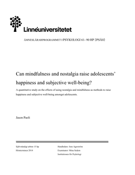 Can Mindfulness and Nostalgia Raise Adolescents‟ Happiness and Subjective Well-Being?