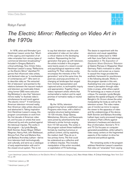 The Electric Mirror: Reflecting on Video Art in the 1970S