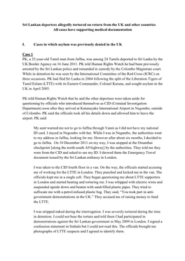 Sri Lankan Deportees Allegedly Tortured on Return from the UK and Other Countries All Cases Have Supporting Medical Documentation