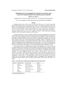 Performance of Mesophytic Species Planted in the Coast of Char Kashem, Patuakhali, Bangladesh