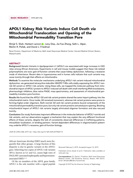 APOL1 Kidney Risk Variants Induce Cell Death Via Mitochondrial Translocation and Opening of the Mitochondrial Permeability Transition Pore
