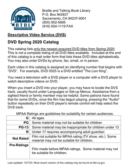 DVD Spring 2020 Catalog This Catalog Lists Only the Newest Acquired DVD Titles from Spring 2020