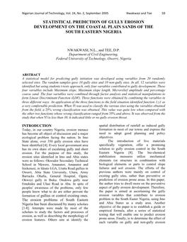 Statistical Prediction of Gully Erosion Development on the Coastal Plain Sands of the South Eastern Nigeria