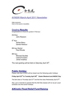 UPDATE AYNSW March-April 2011 Newsletter Grading Results Public Holiday Aikinetic Flood Relief Fund Raising