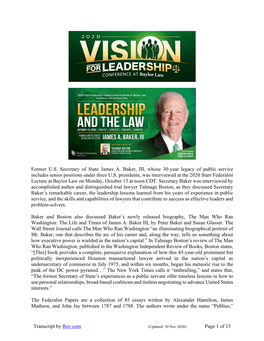 Transcript by Rev.Com Page 1 of 13 Former U.S. Secretary of State James A. Baker, III, Whose 30-Year Legacy of Public Service In