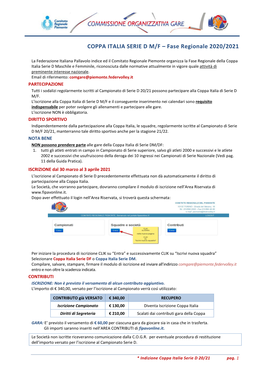 COPPA ITALIA SERIE D M/F – Fase Regionale 2020/2021