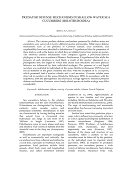 Predator Defense Mechanisms in Shallow Water Sea Cucumbers (Holothuroidea)