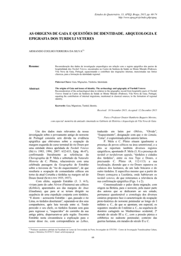 As Origens De Gaia E Questões De Identidade. Arqueologia E Epigrafia Dos Turduli Veteres
