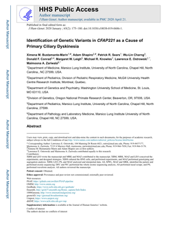 Identification of Genetic Variants in CFAP221 As a Cause of Primary Ciliary Dyskinesia