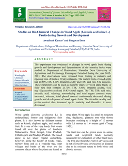 Studies on Bio-Chemical Changes in Wood Apple (Limonia Acidissima L.) Fruits During Growth and Development