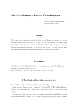 New Political Economy of East Asia: Korean Perspective