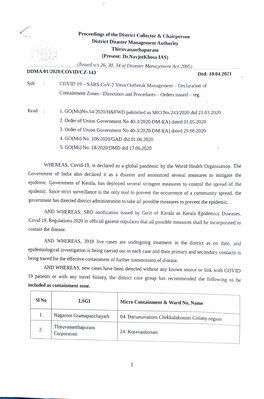 Thiruvananthapuram (Present: Dr.Navjotkhosa IAS) (Issued U/S 26, 30, 34 of Disaster Management Act-2005) DDMA/01/2020/COVID/CZ-1433 Dtd: 10.04.2021