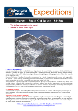 Everest – South Col Route – 8848M  the Highest Mountain in the World  South Col Route from Nepal