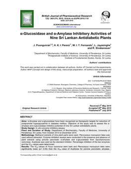 Α-Glucosidase and Α-Amylase Inhibitory Activities of Nine Sri Lankan Antidiabetic Plants