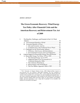 The Green Economic Recovery: Wind Energy Tax Policy After Financial Crisis and the American Recovery and Reinvestment Tax Act of 2009