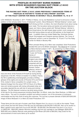 Steve Mcqueen Racing Suit - PRESS RELEASE - Press Releases - PROFILES in HISTORY