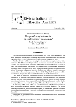 The Problem of Universals in Contemporary Philosophy∗ Scuola Normale Superiore [Pisa - July 5, 2010]