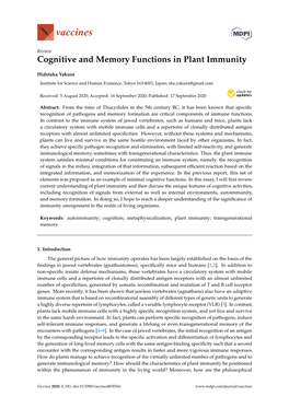 Cognitive and Memory Functions in Plant Immunity