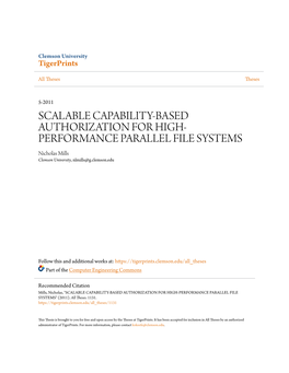 SCALABLE CAPABILITY-BASED AUTHORIZATION for HIGH- PERFORMANCE PARALLEL FILE SYSTEMS Nicholas Mills Clemson University, Nlmills@G.Clemson.Edu