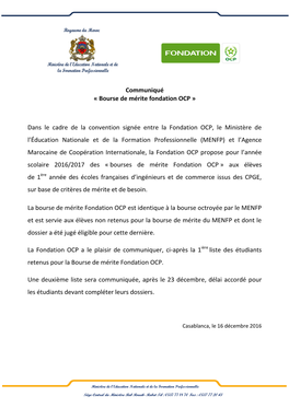 Communiqué « Bourse De Mérite Fondation OCP »