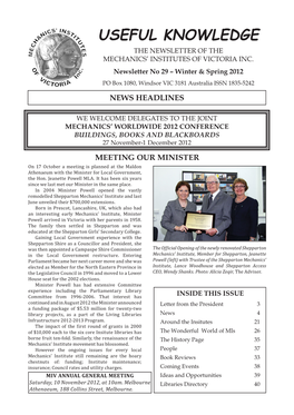 Useful Knowledge the Newsletter of the Mechanics’ Institutes of Victoria Inc