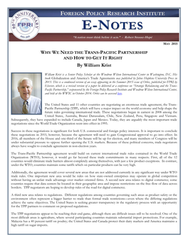 WHY WE NEED the TRANS-PACIFIC PARTNERSHIP and HOW to GET IT RIGHT by William Krist