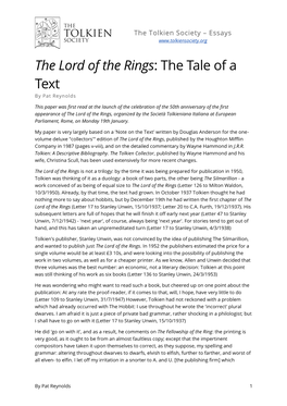 The Lord of the Rings: the Tale of a Text by Pat Reynolds