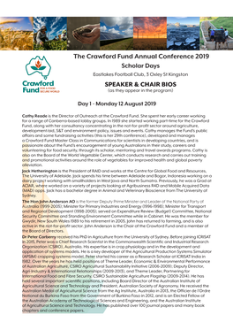 The Crawford Fund Annual Conference 2019 Scholar Days Eastlakes Football Club, 3 Oxley St Kingston SPEAKER & CHAIR BIOS (As They Appear in the Program)
