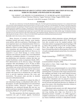 Oral Rehydration of Adult Cattle Using Isotonic Solution of Sugar, Sodium Chloride and Potassium Chloride