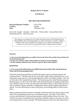 Uganda – Kampala – Sebei Tribe - Tribal Conflict – Kenyan Pokot Tribe – Karamonjong Tribe – State Protection