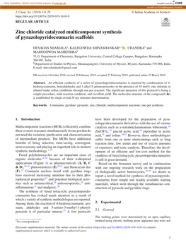 Zinc Chloride Catalyzed Multicomponent Synthesis of Pyrazolopyridocoumarin Scaffolds