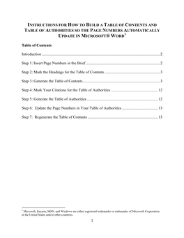 Instructions for How to Build a Table of Contents and Table of Authorities So the Page Numbers Automatically 1 Update in Microsoft® Word