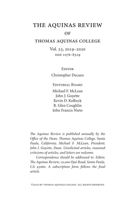 The Aquinas Review of Thomas Aquinas College Vol