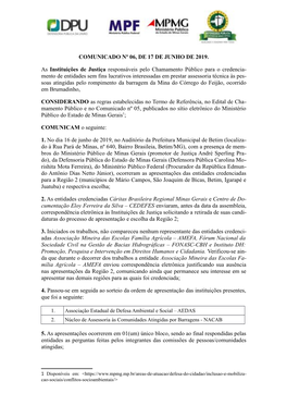 COMUNICADO Nº 06, DE 17 DE JUNHO DE 2019. As Instituições De